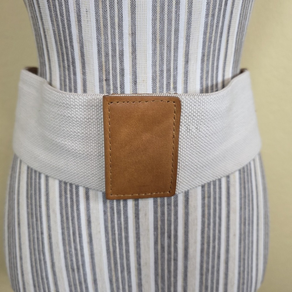 Vince Camuto Womens's Large wide beige  brown leather canvas‎ dressy snap close